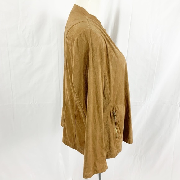 Tanjay Camel Brown Faux Suede Open Front Jacket with Gold Zip Pockets – Size 14 - Picture 6 of 8